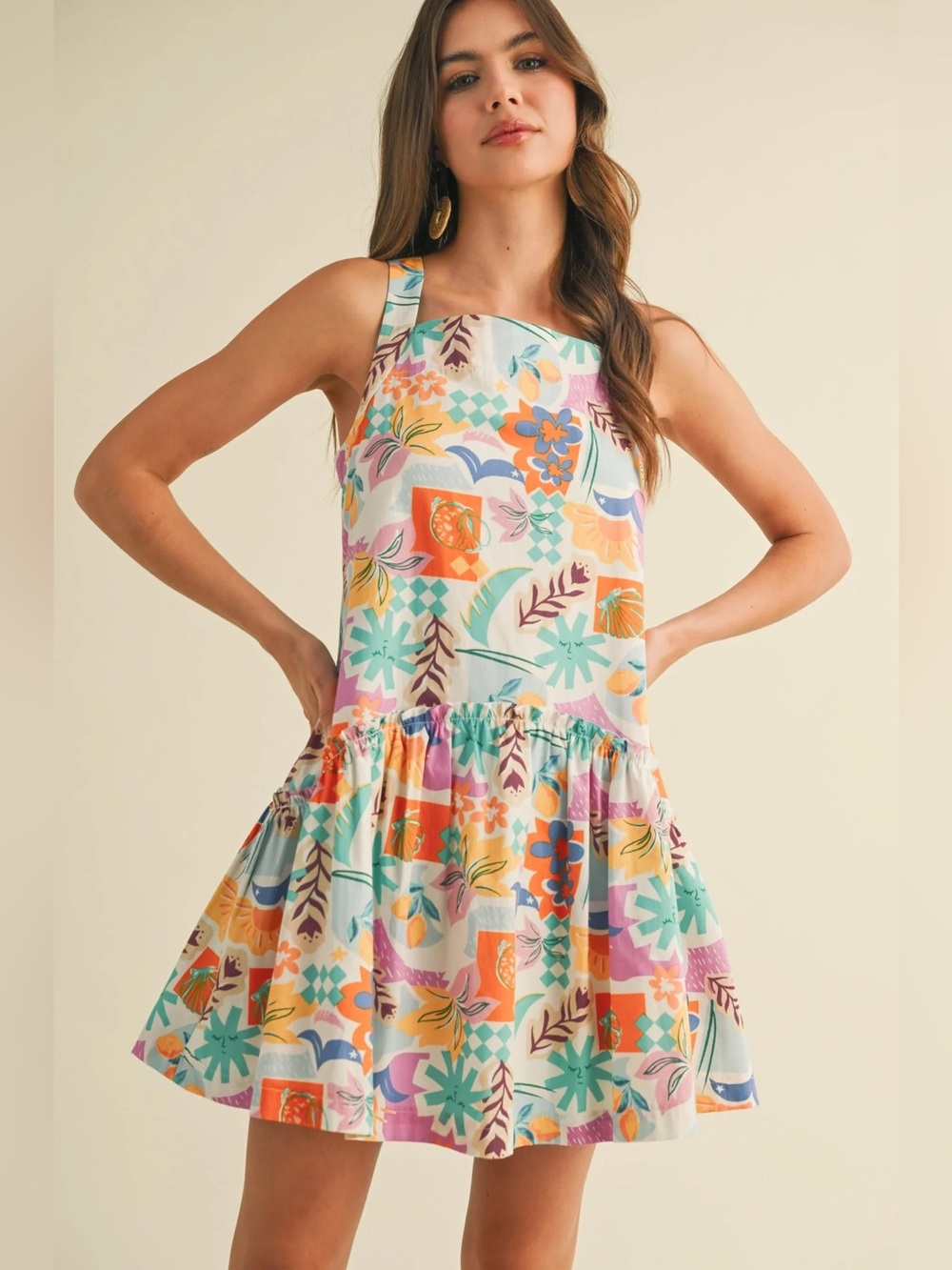 &merci Boutiue Drop Waist Tropical Floral Patchwork Coastal Beachy Sundress L